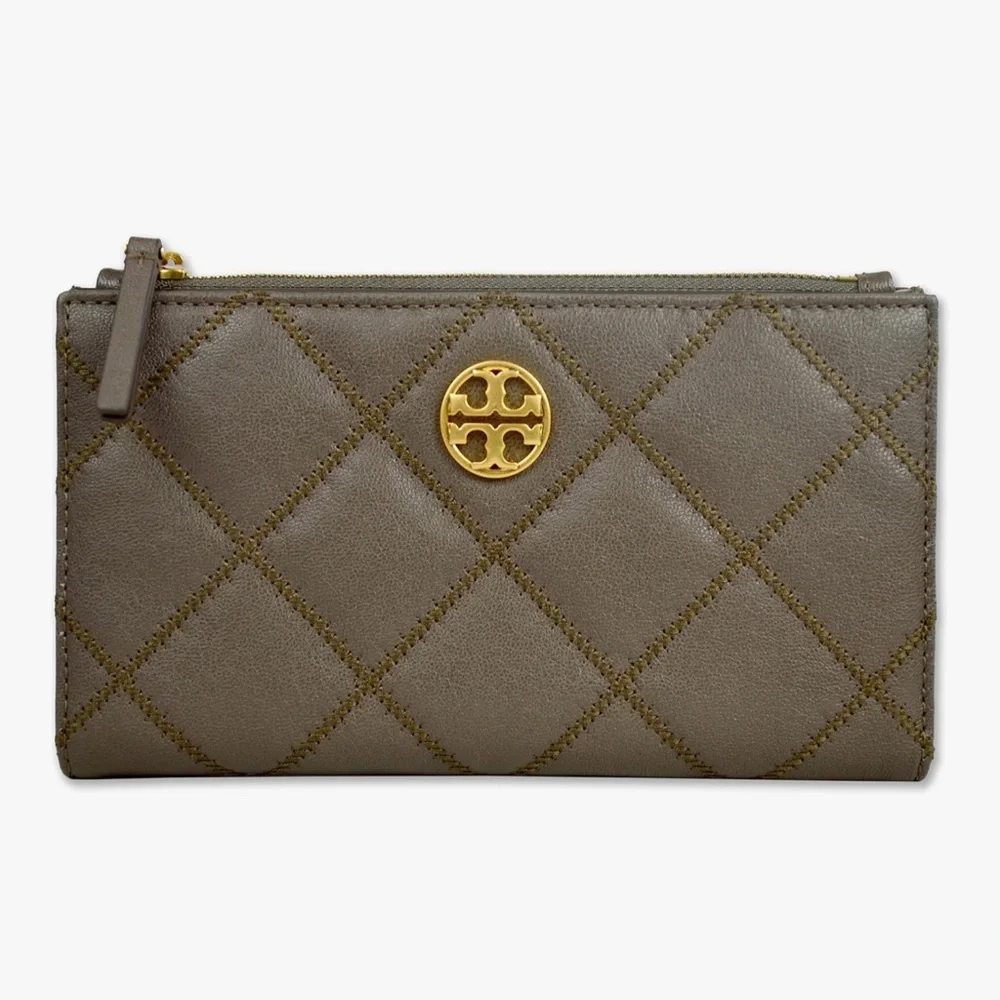 Tory Burch Quilted Zip Clutch in Olive Brown with Gold Logo